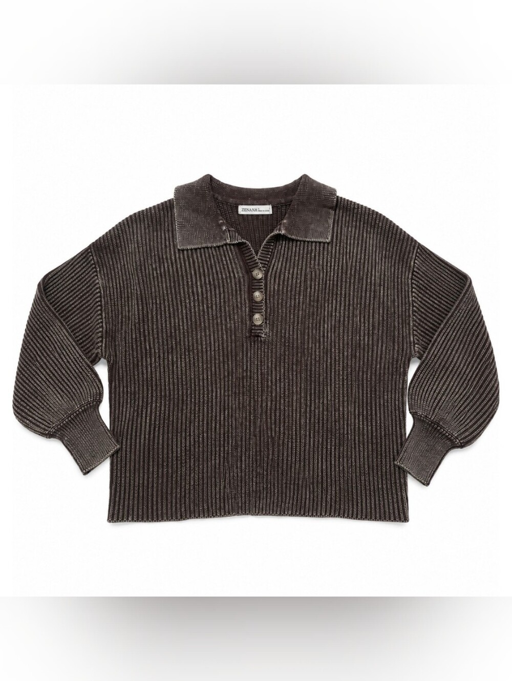 Zenana Brown Mocha Acid Wash Ribbed Knit Polo Sweater Size Small NWOT